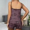 2 Pcs/Set Women O Neck Sleeveless Top Elastic Heart Print Strappy Pajamas Set High Waist Shirring