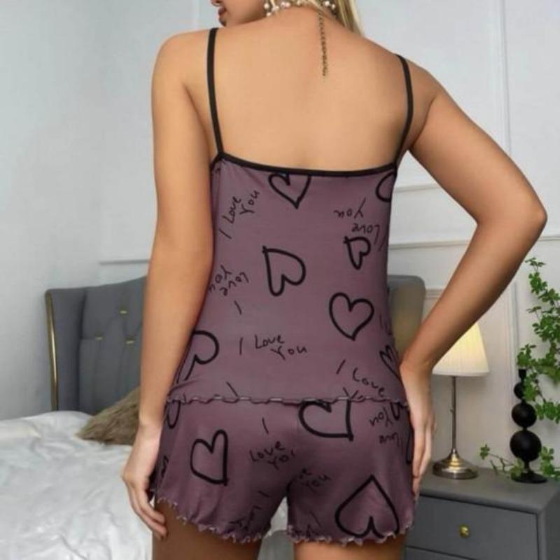 2 Pcs/Set Women O Neck Sleeveless Top Elastic Heart Print Strappy Pajamas Set High Waist Shirring