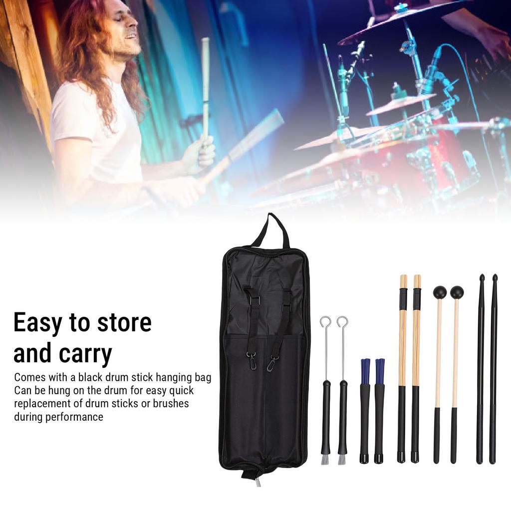 Bamboo Bundle Drumsticks Drumstick Set 5 Pairs Drum Sticks Mallets Brushes with Oxford Cloth Bag for Practice Performance