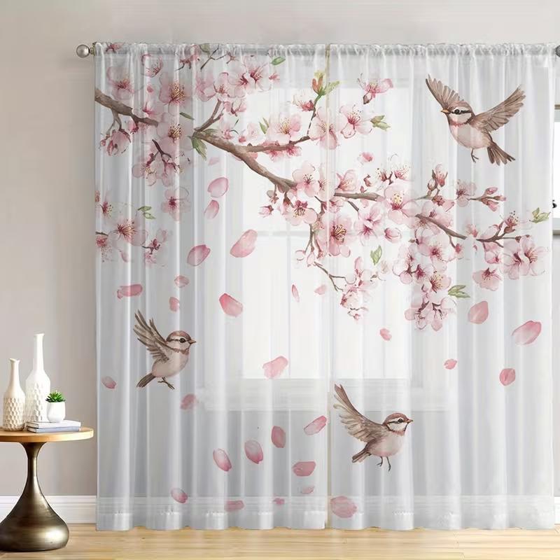 1PC Watercolor Cherry Blossom & Sparrow Sheer Curtains - Romantic Floral Bird Window Drapes