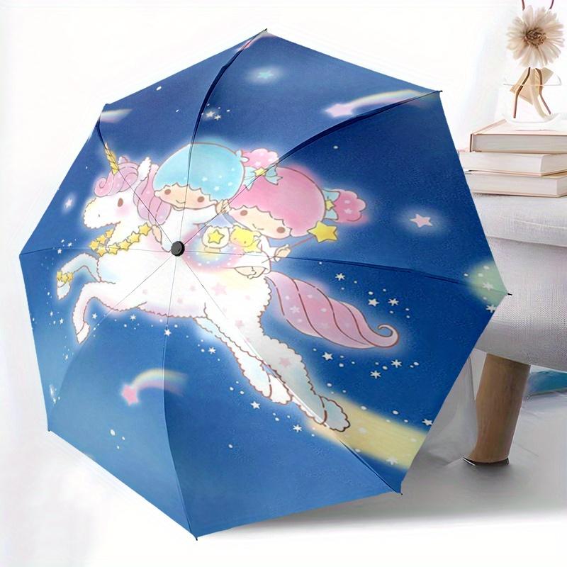 1pc Unicorn and Little twin stars Cartoon Umbrella, Portable 3-Fold Compact Umbrella, Suitable for Camping, Hiking and Travel, Ideal Easter Birthday G