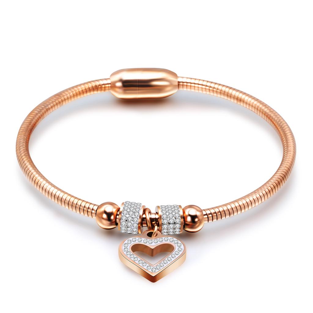 New Fashion Simple Ins Hollow Inlaid Zircon Peach Heart Titanium Steel Snake Chain Bracelet Magnetic Buckle Bracelet for Women