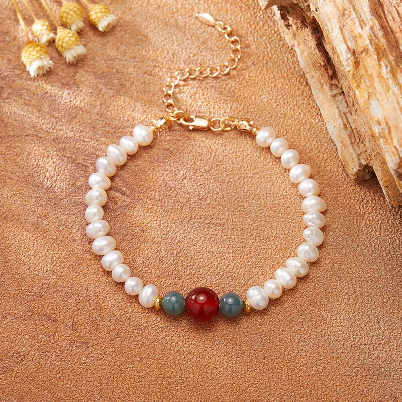 

Natural Colored Treasure Red Agate Blue Water Jadeite Freshwater Pearl Necklace Women S S925 Sterling Silver Xiaohongshu Collarbone Chain