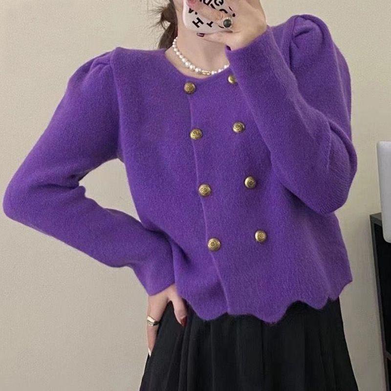 Design cu margini ondulate la două piept pentru tricotaje de toamnă și iarnă, cardigan cu temperament, jachetă de tricotaj pentru femei