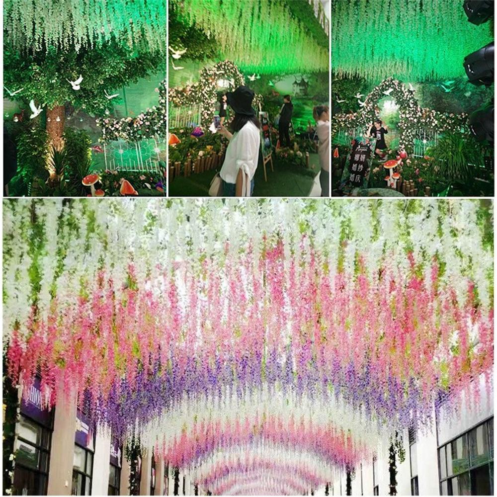 Wedding Decor Ceiling Decoration Vine Artificial Silk Fake Flower Garland Vine Wisteria Leaf Hanging Simulation Wisteria Flowers