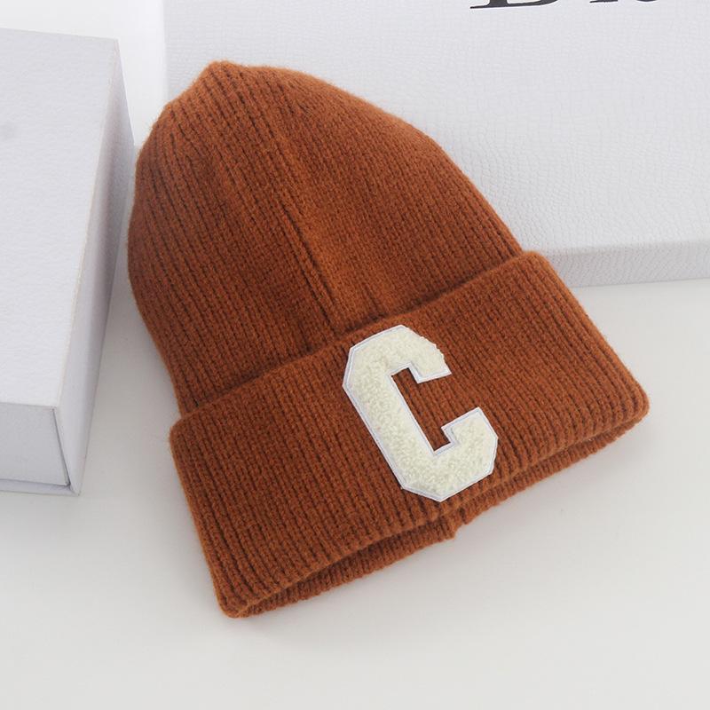 New Wool Hat Women's Autumn and Winter Warm Letter C Pullover Hat Student Solid Color Knitted Hat