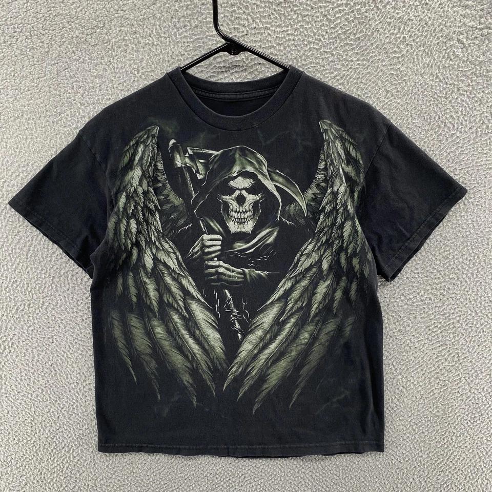 Vintage Grim Reaper Shirt Mens Medium Black Graphic Angel Wings Gothic Tee 2000s
