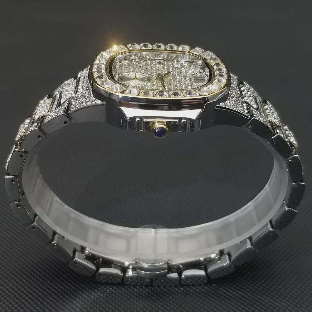 Hip Hop Iced Out Mens Watch Diamond Paved Analog Quartz Watch Waterproof Stainless Steel Luxury Wristwatch