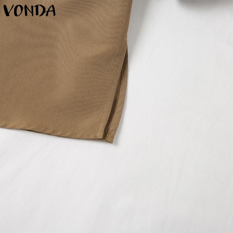 VONDA Women's Summer Standing Collar Bubble Short Sleeve Tie Button Solid Colour Loose Blouse