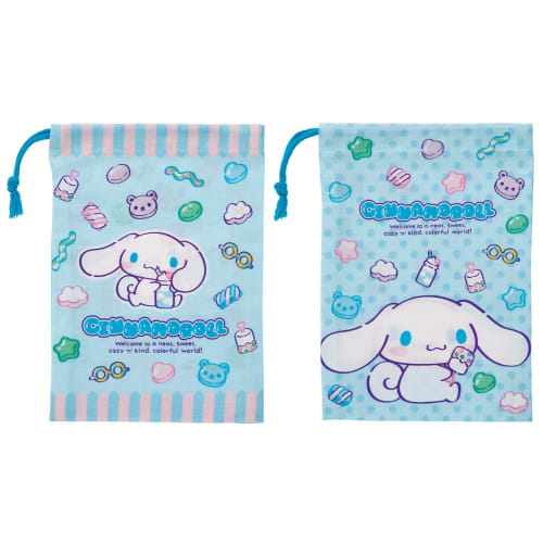 Skater Children's Lunch Bags, Set of 2, 15x20cm, Drawstring, Made In Japan, Sanrio Cinnamoroll and Mashu Gummy Designs, KB63W-A
