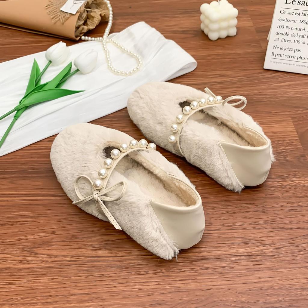 Winter new Mary Jane plush plush shoes women's pearl fashion versatile thermal shoes back plush casual flat cotton shoes