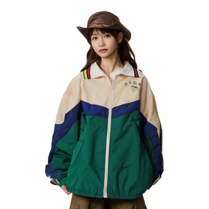 Li Ning Color Block Polo Collar Loose Casual Jacket Women Jacket Orange-Pink Green-Pepper AJDQ028-2