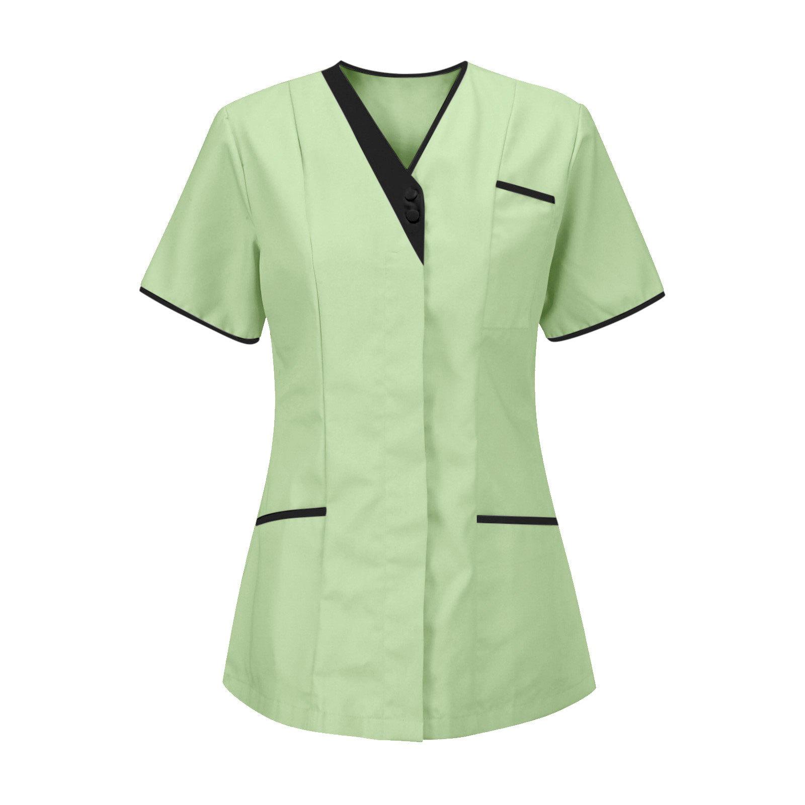 Damen V-Ausschnitt Kasack Kurzarm Kontrastbesatz Uniform für Krankenschwestern XXXL hellgrüne