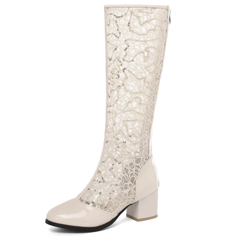 

Весна Лето Женские Сапоги Мода Сапоги до колена Молния Повседневные Низкий каблук Сетка Дышащие Белые Синие Женские Туфли для вечеринок Большой размер 34 бежевый