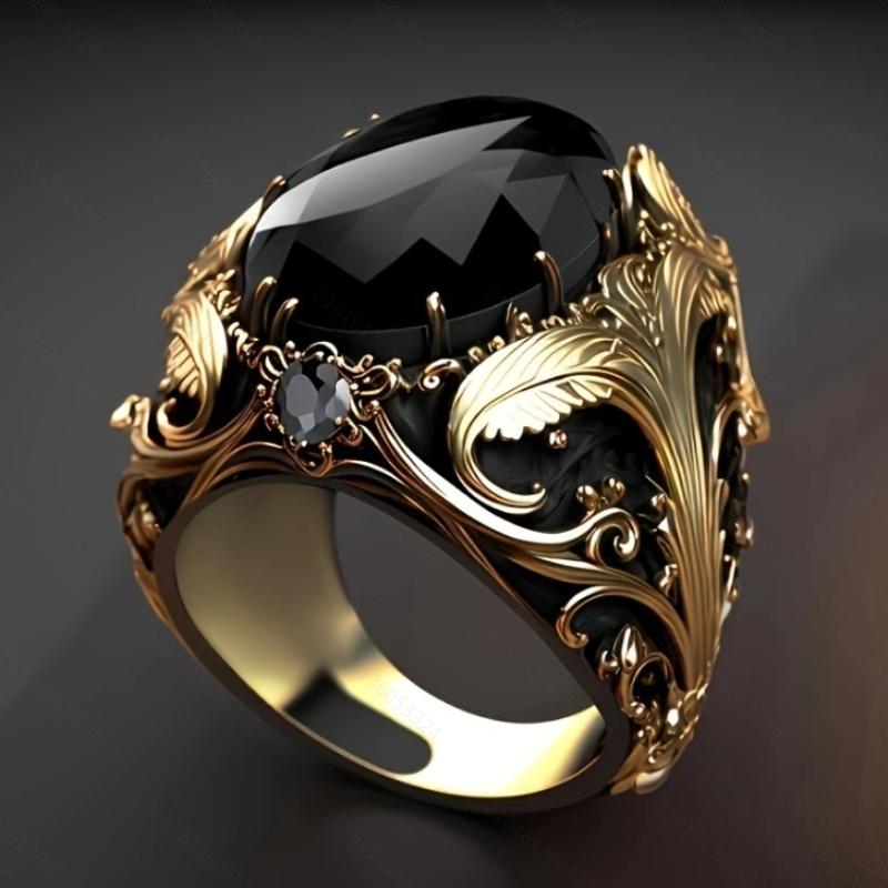 Vintage and Trendy Black Color Inlaid Stone Patterned Ring, A Classic Jewelry Accessory for Both Men and Women's Fashion