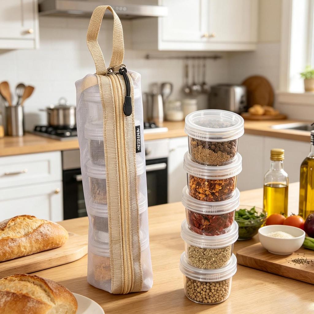 Clear Interlocking Spice Containers 5 Bottles Kit with Nylon Storage Bag Portable Outdoor Travel Camping Seasoning Bottle Holder