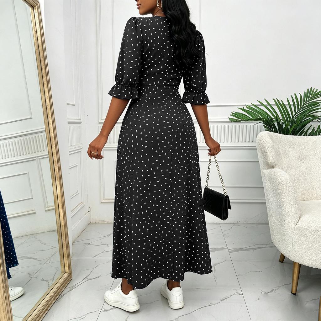 Women’s Polka Dot Deep V Neck Fitted Waist Ruffle Hem Split Dress for Casual and Formal Occasions