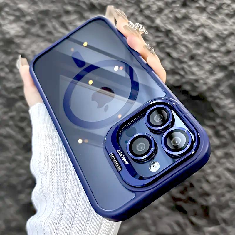 Luxury Magnetic For Magsafe Shockproof Phone Case For 11 12 13 14 15 16 17 Pro Max Plus Stand Glass Lens Protection Cover