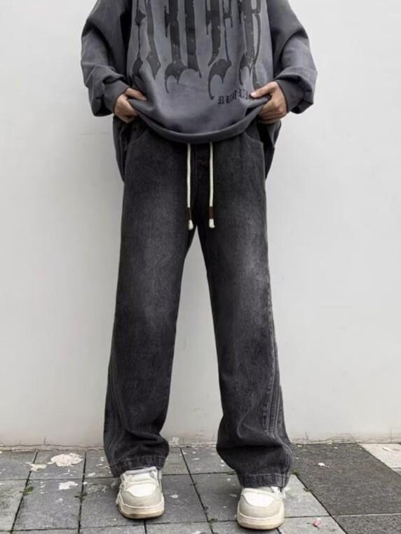 Мужские синие джинсы JYL Летние Тонкие На шнурке Свободные Широкие Джинсовые Брюки M амарантовый