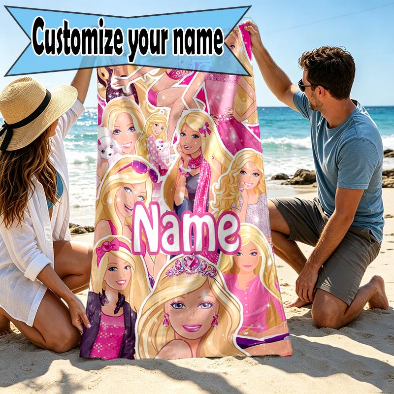 Custom Name Personalized Barbie Print Beach Towel, for Trip Camping Beach Party Home Decor, Birthday Gift for Family & Friends