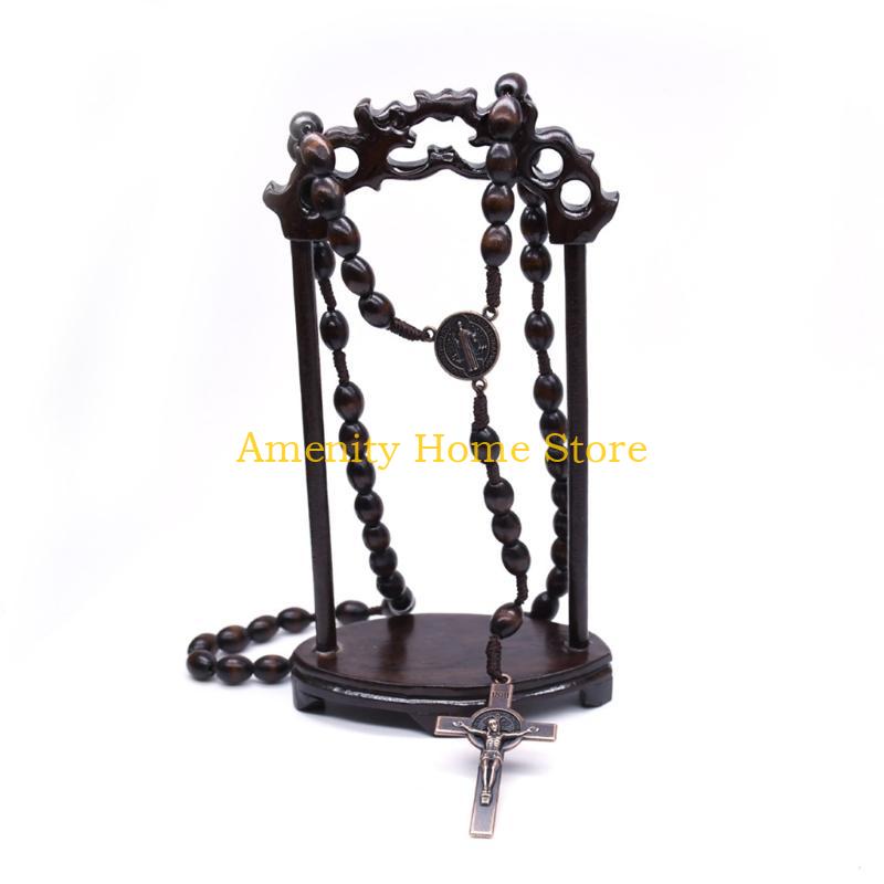 F26C Wooden Beads for Cross Pendant Necklace For Women Wood Beads Cord Rosary Necklace Holy Jerusalem Catholic Gift Handmade