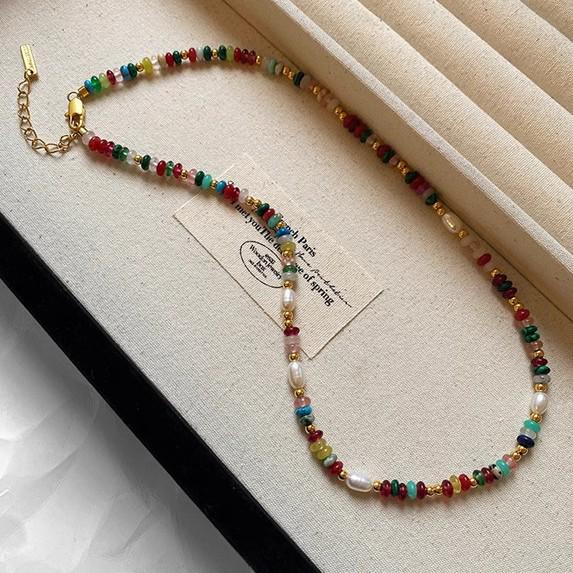 Niche Colorful Stone & Freshwater Pearl Necklace - Summer Fashion Statement Jewelry