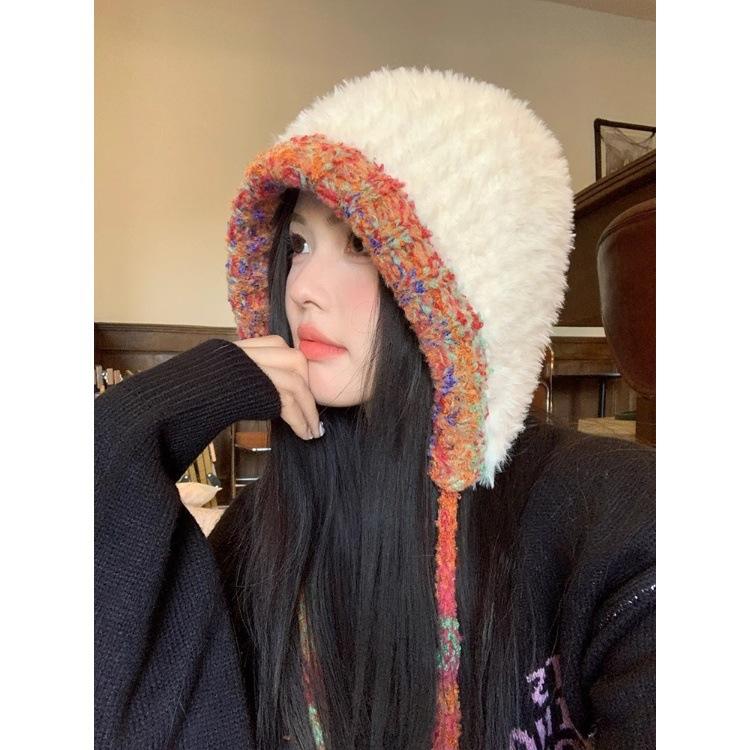 Plush Knitted Hat for Women In Autumn and Winter Handmade Big Head Surround Bag Hat Thickened Warm Furry Face-protecting Small Ear Protection Hat