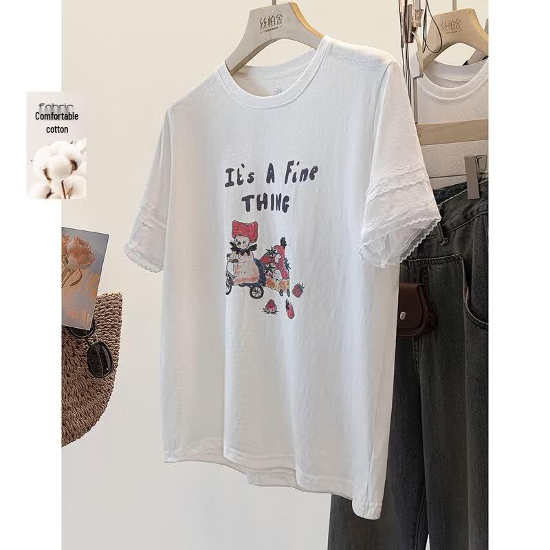 Women s Fashion Print Lace Patchwork T-shirt S
