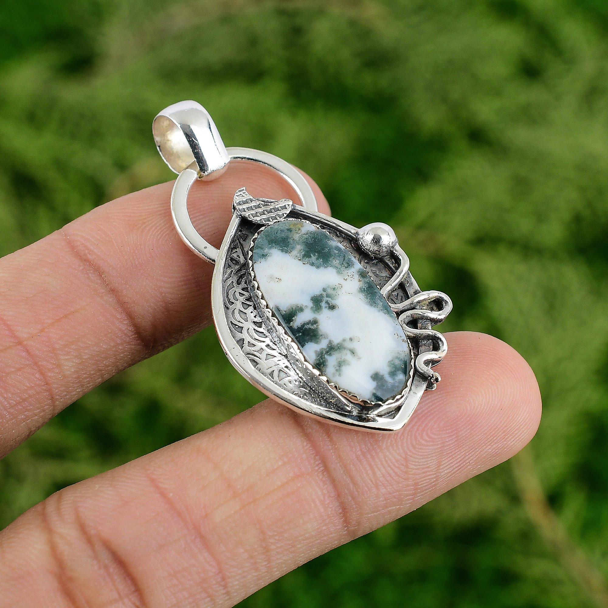 

Распродажа ко Дню дочери Подвеска-сестра из мохового агата и стерлингового серебра 925 пробы