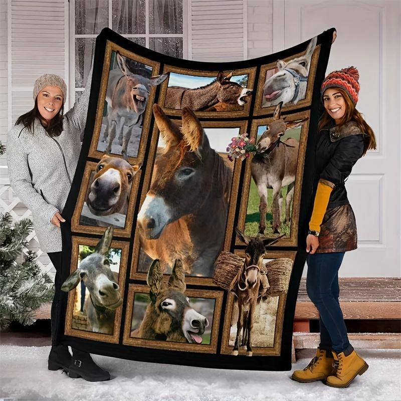 Cute Donkey Fleece Blanket Farm Animal Collage Soft Cozy Throw Home Decor for Living Room or Bedroom Gift for Animal Lovers