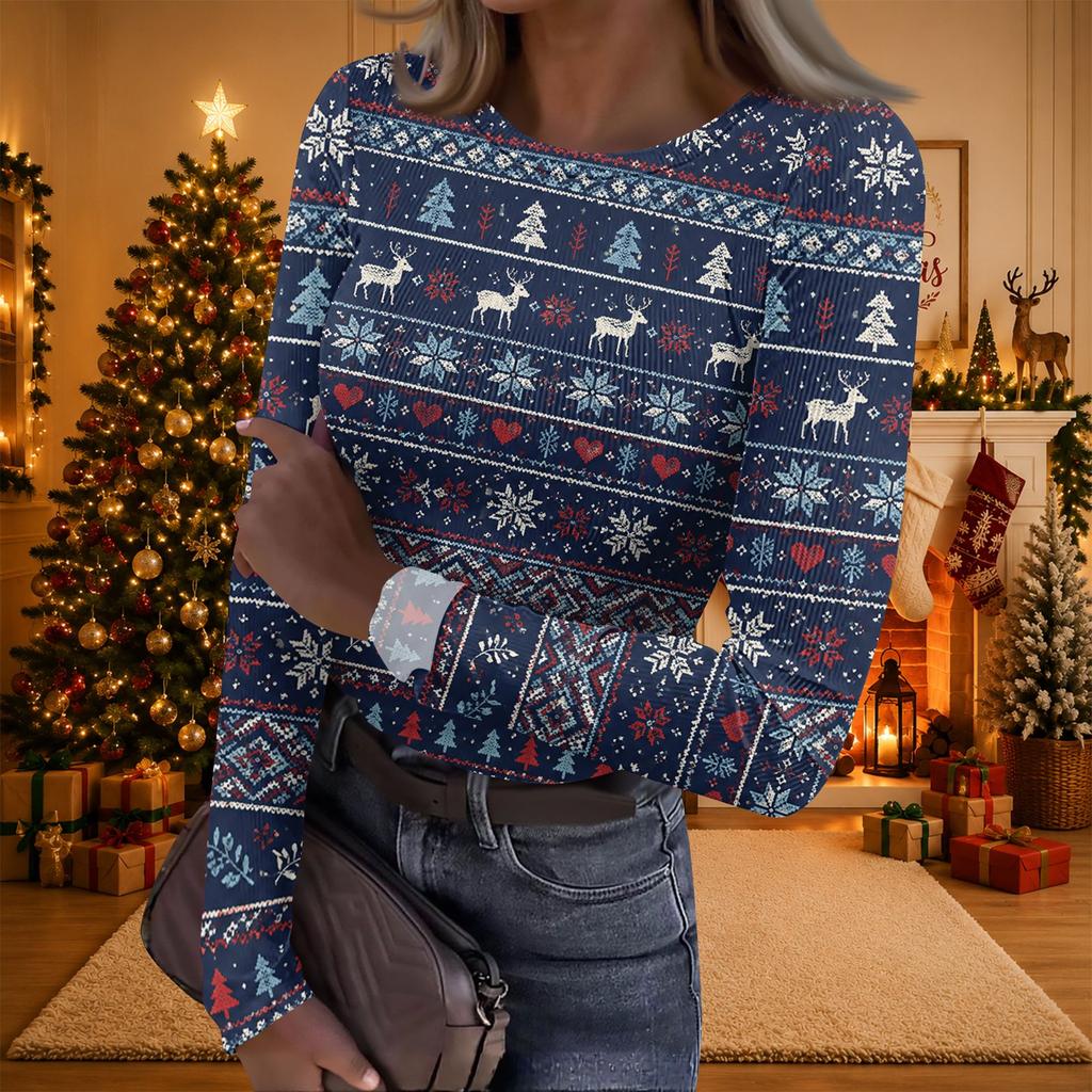 Women's Christmas Print Long Sleeve Round Neck Ribbed Knit Top