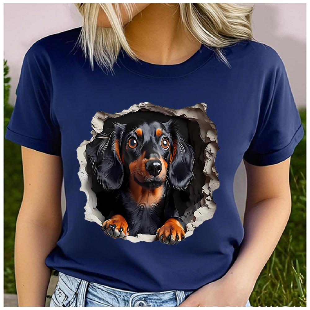 Women's Cotton 100% Interesting Dog Print T-shirt Loose round Neck Casual Short Sleeve Fashion Top Wholesale Clothing Summer