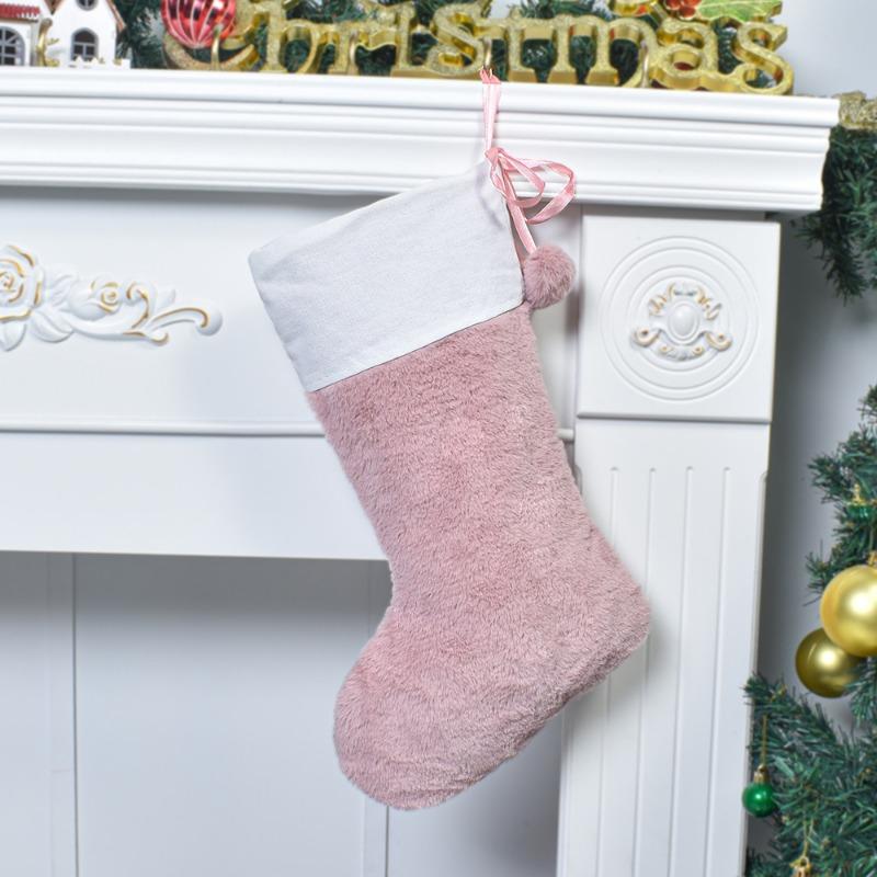 Large Plush Christmas Socks Party Holiday Decoration Storage Gift Bag with Furball Solid Color Christmas Socks