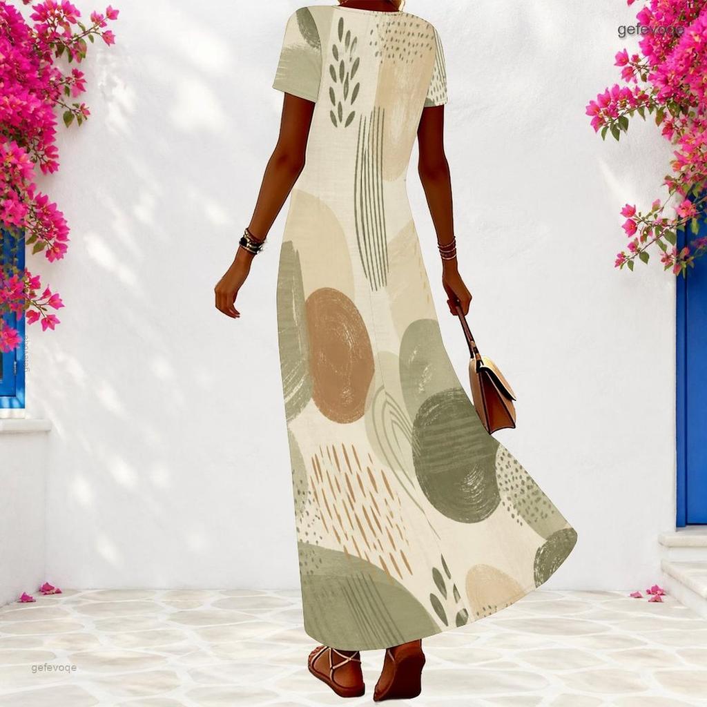 Women Plus Size V Neck Short Sleeve Printed Loose Maxi Dress
