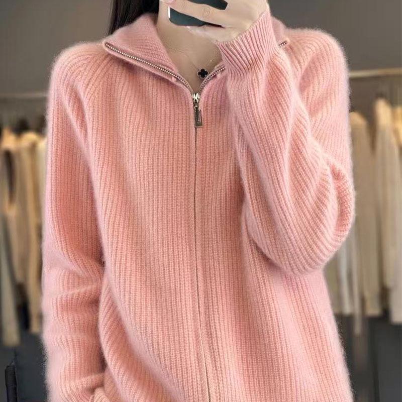 Dámský silný pletený kardigan na zip - Volný, ležérní styl, univerzální svetr z umělé vlny
