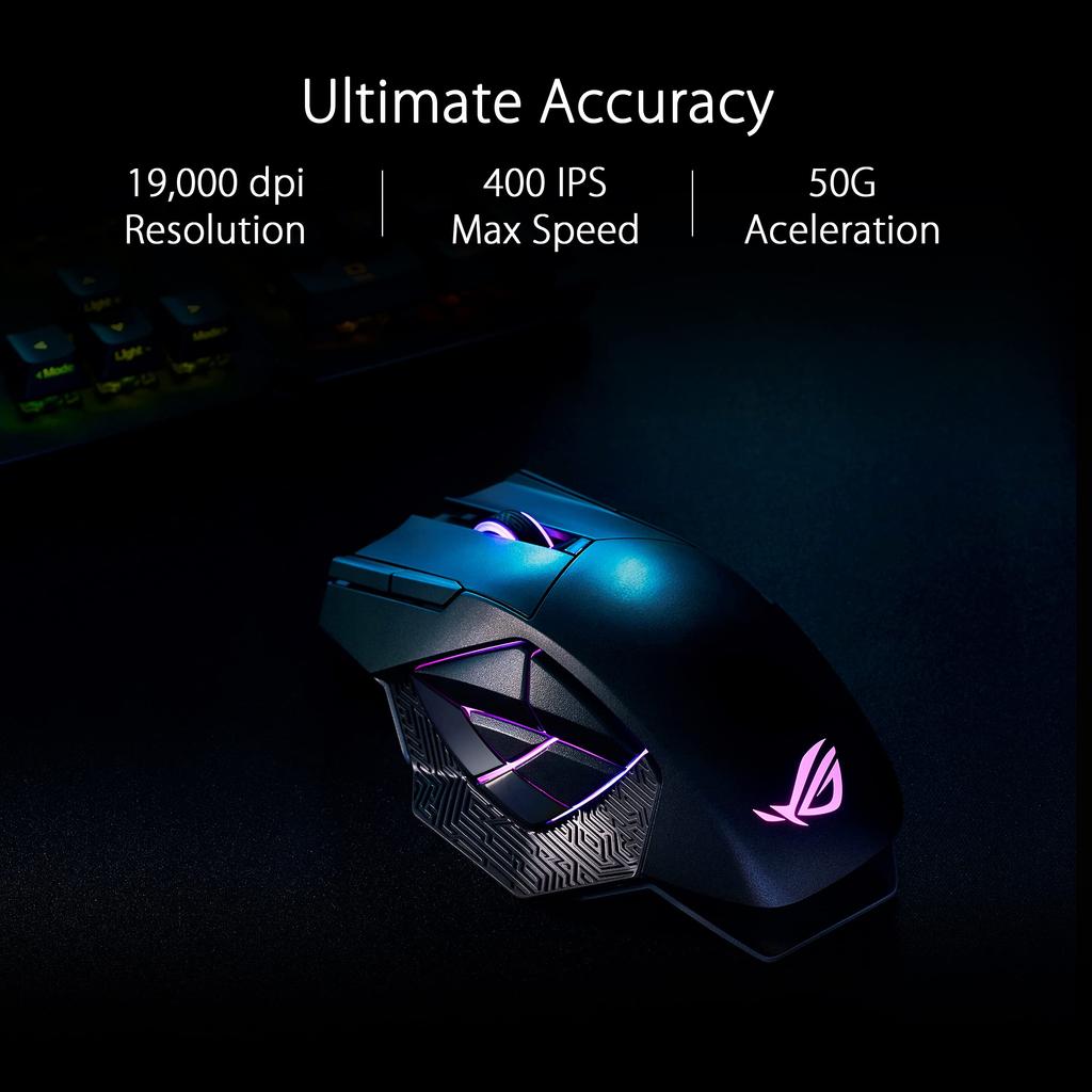 ASUSTek ROG Spatha X MMO Wireless Gaming 12 Programmable Up to 67 Hours of Battery ROG RGB Black Mouse, 19,000dpi, Buttons, Dual-Mode Connection,