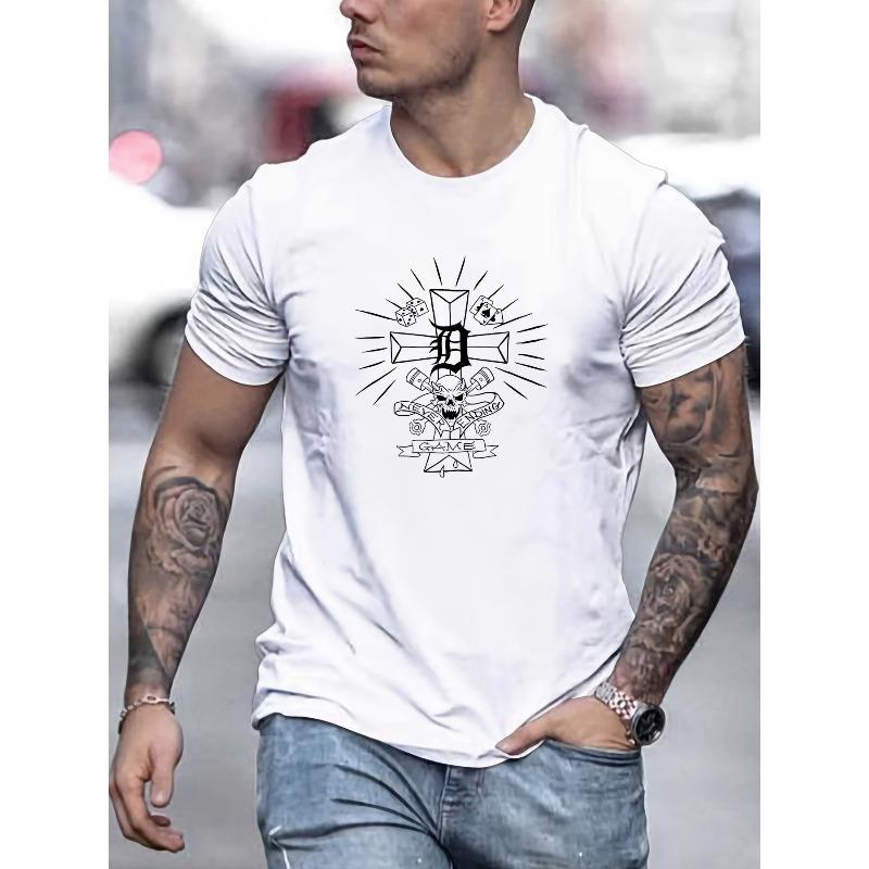 Plus-size Men's T-shirt, Relaxed and Casual, Simple and Clean, Men's Skull Dice Poker Pattern Cross Summer Casual Round Neck Short T-shirt, PLUS SIZE