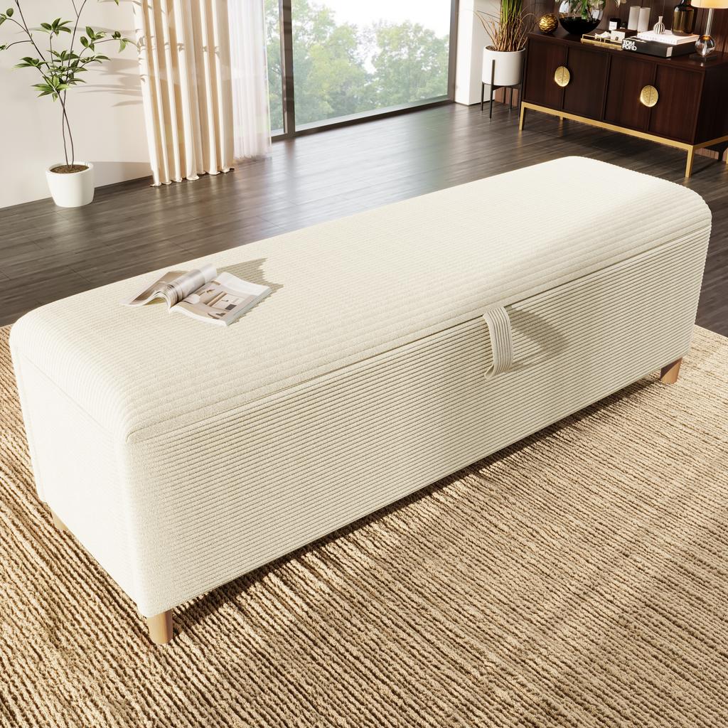 Double Bed Wooden Bed 140×200cm with Bed Bench, Headboard with Storage, LED Lighting and Beige Corduroy Upholstered Backrest, Light Oak (No Mattress)