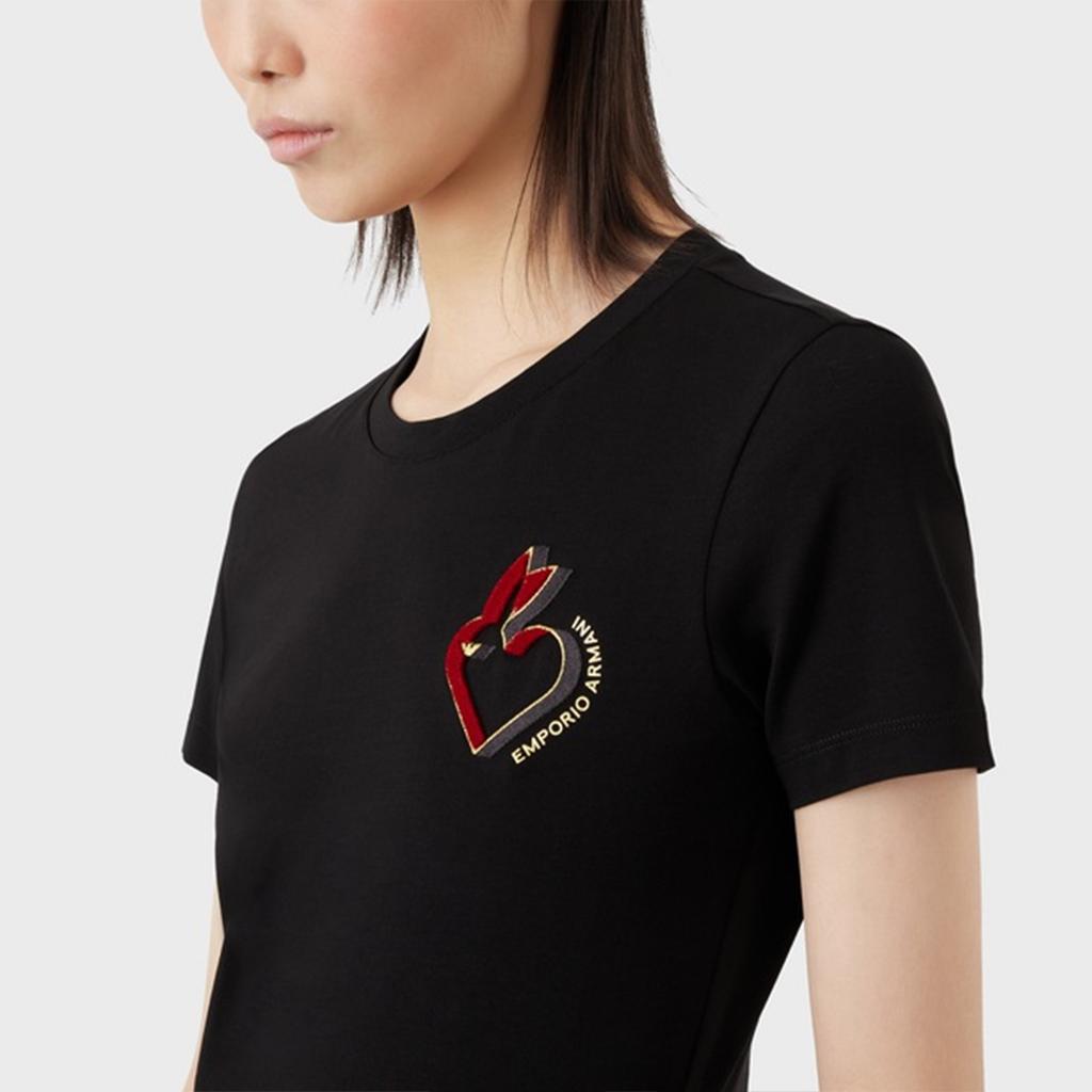 Emporio Armani SS23 Year Of The Rabbit Limited Edition Rabbit Embroidery Plain Knit Short Sleeve T-Shirt Women T-Shirt Black 3R2T8G-2J07Z-0999
