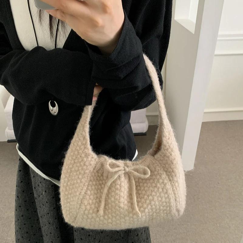 Knitted Tote Bag For Women Soft Shoulder Bag Daily Commuter Versatile All Match Handbag Double Sided Bow Underarm Purse