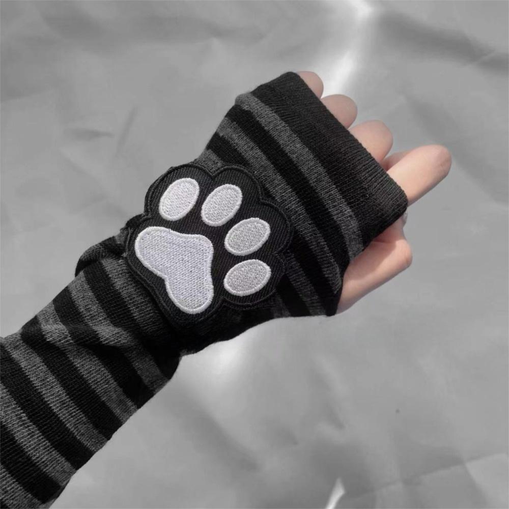 Black Arm Cover Striped Pattern Sleeves Gloves Cute Cat Claw Fingerless Gloves  for Women