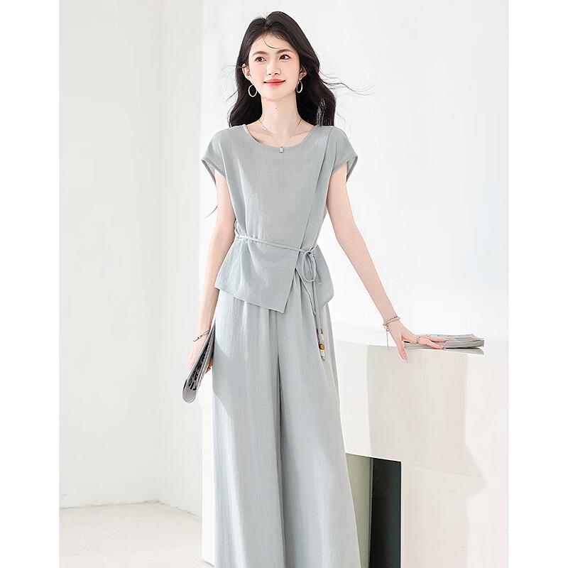 Women's Elegant Tie-Waist Short Sleeve Top & Pants Set