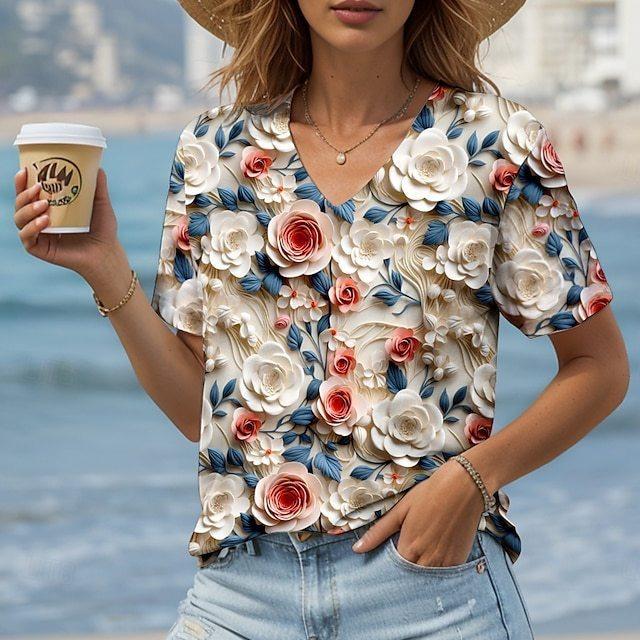 Vintage Women Floral Print T Shirt Short Sleeve V Neck Tops Comfortable T-shirts