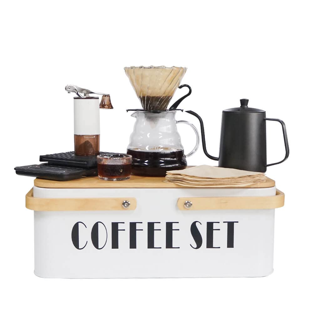 SOTECH All-in-one Coffee Set, Manual Grinder, Black Kettle, Coffee Dripper Pot, Glass Server, Coffee Filter and Paper, Coffee Tools Maker Set with