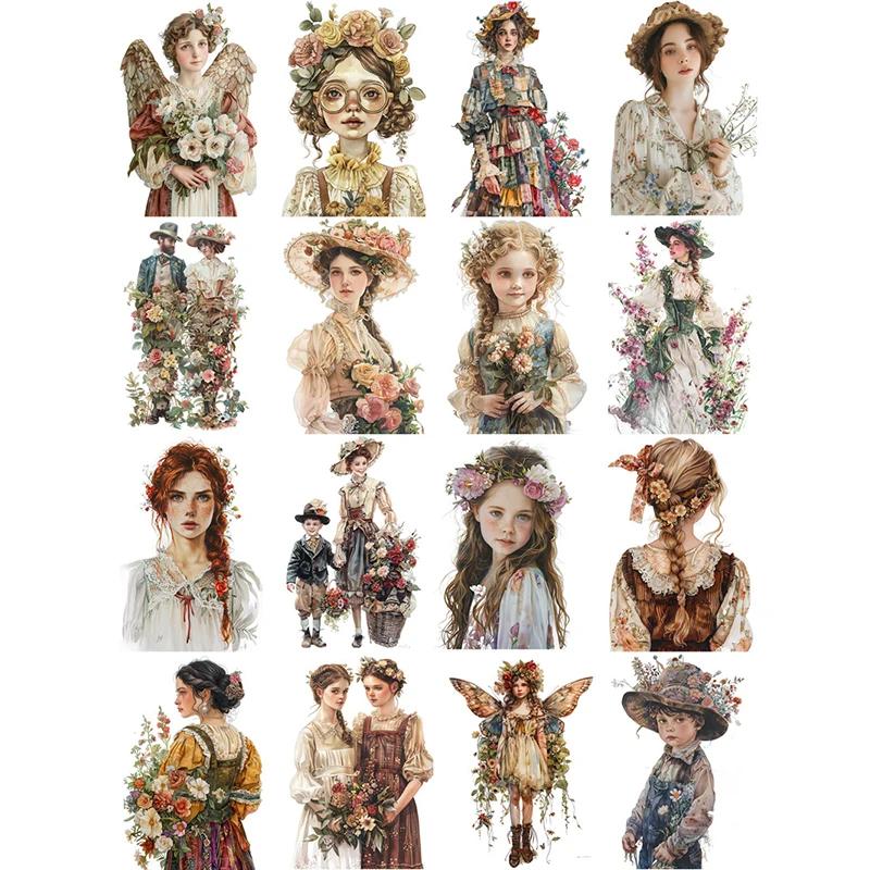 

16Pcs/Pack Vintage Flower Girl Sticker DIY Craft Scrapbooking Album Junk Journal Decorative Stickers
