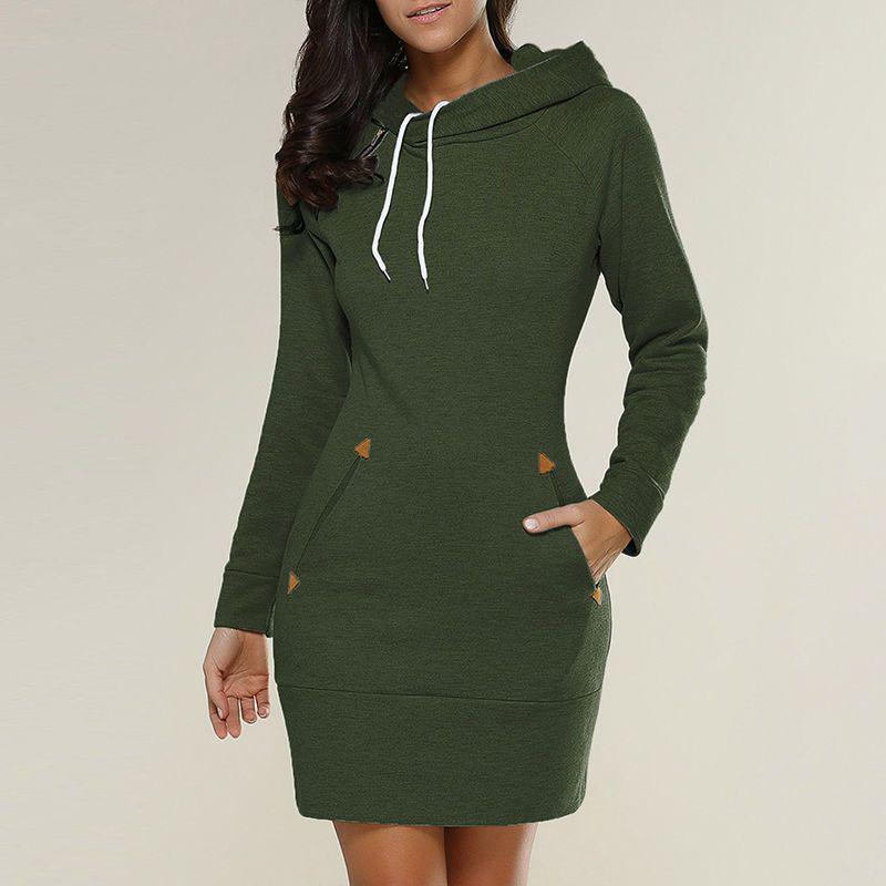 Womens Hooded Mini Dress Casual Long Sleeve Sweatshirt Jumper Slim Fit With Pockets