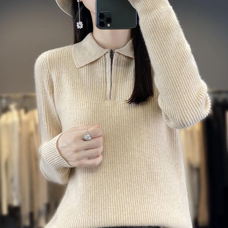 Women's Long-Sleeve Knitted Sweater with Lapel Collar for Autumn 2023 - Ideal Base Layer for Spring and Autumn