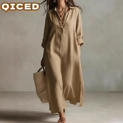 Vestidos Casuales de Moda Verano Primavera Color Sólido Estampado Mangas 1/2 Cuello en V