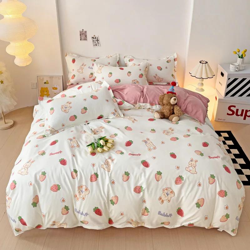 Blue Love Duvet Cover Set Heart Shaped Cute Rabbit Print Bedding Sets For Women Girls Teens Bed Set Flat Sheet Reversible Covers