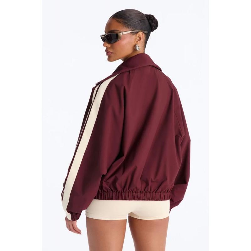 Womens Loose Fit Stand Collar Zip-Up